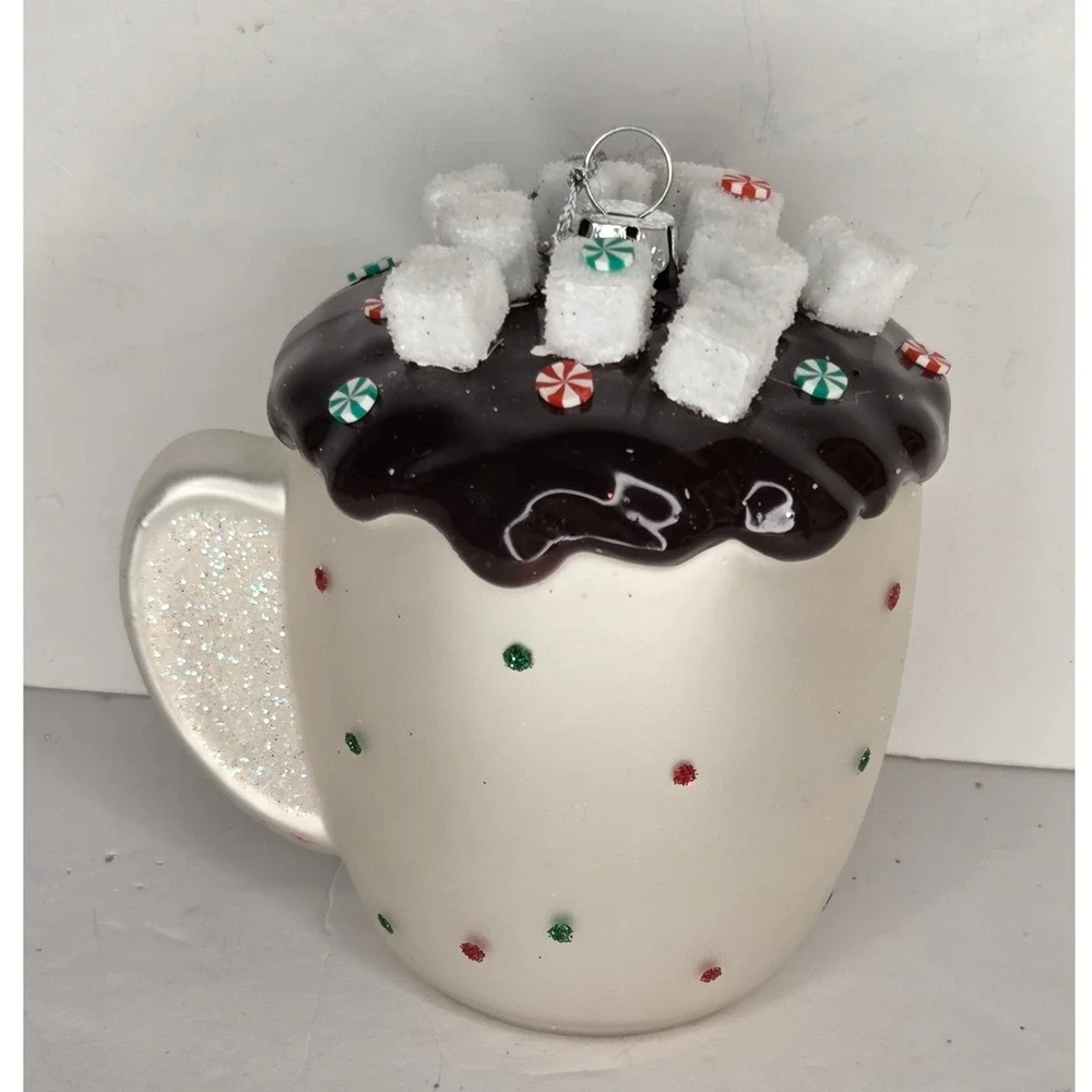 Gingerbread Hot Cocoa Mug Glass Christmas Ornament Marshmallows Peppermint